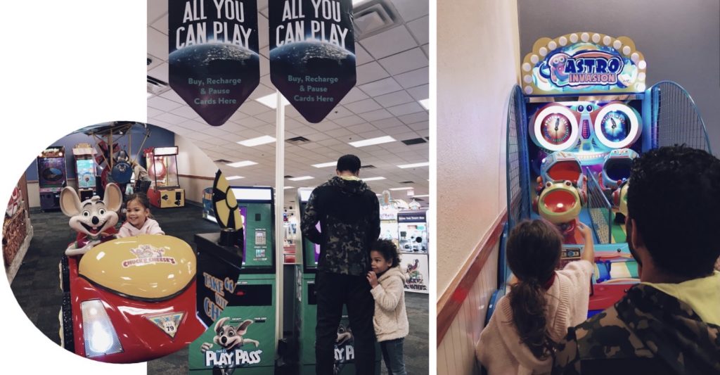 Collage of photos of family at Chuck E. Cheese
