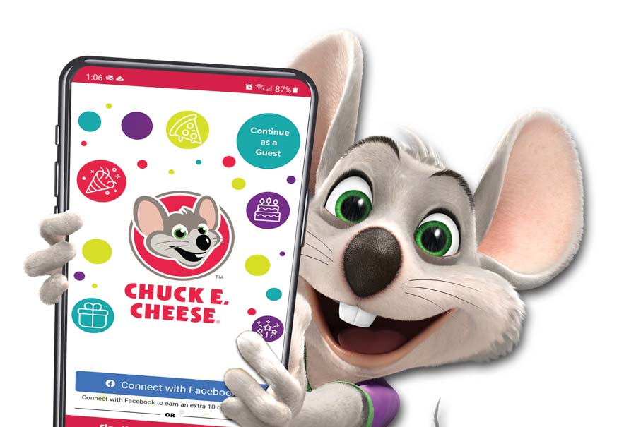 Chuck E. holding a phone with the Chuck E. Cheese app open
