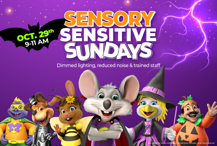 A graphic announcing Sensory Sensitive Sundays at Chuck E. Cheese with the whole band dressed in various costumes on a purple background with lightning and stars.